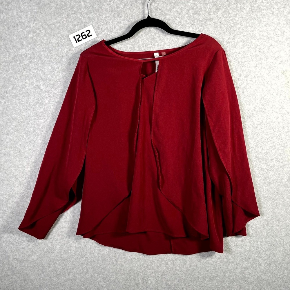Ny Collection Blouse Womens Medium Red‎ Keyhole Front Layered Drape Bell Sleeve